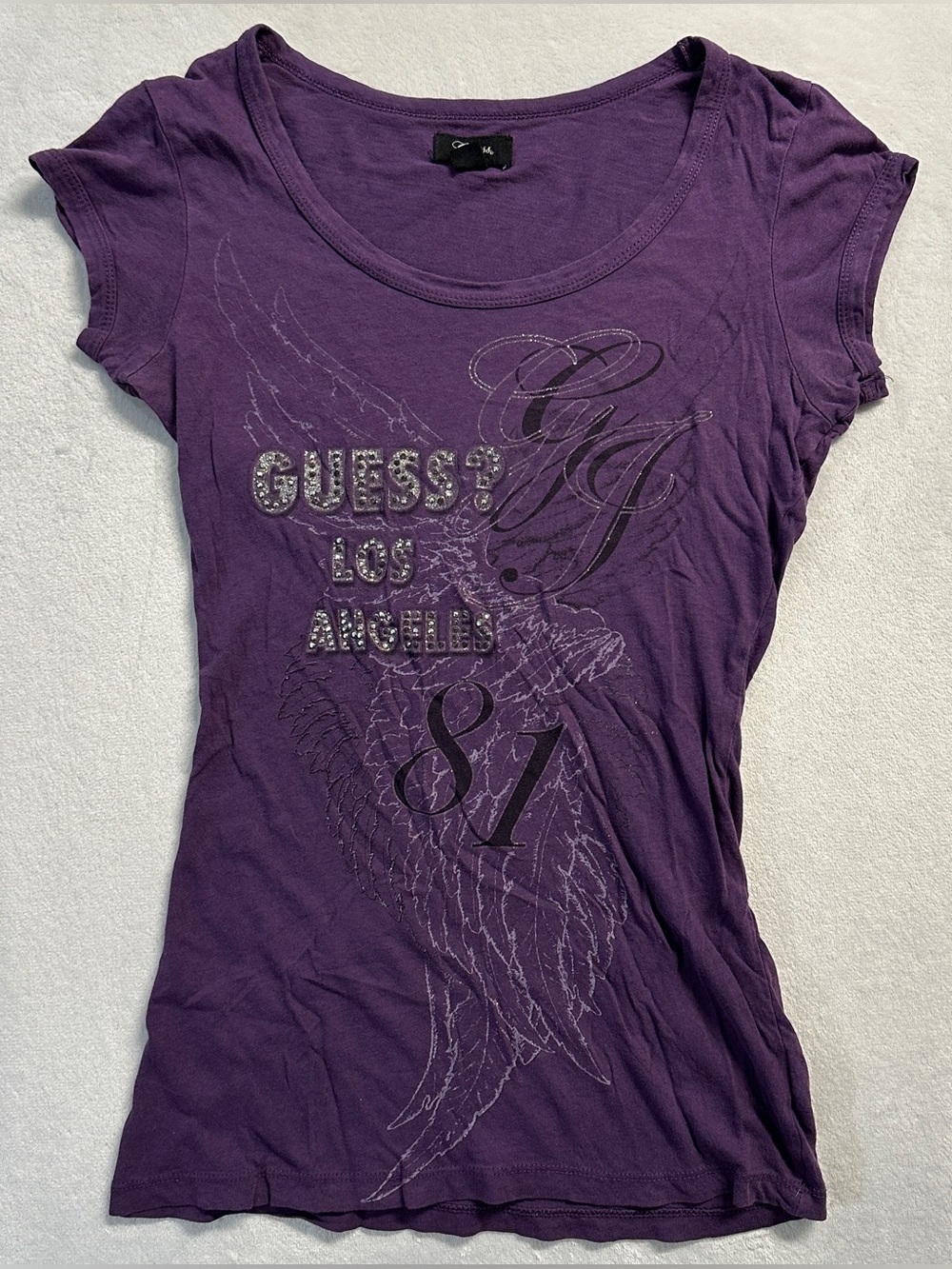 Y2K GUESS women's purple angel wing graphic rhinestone slim tee, S.